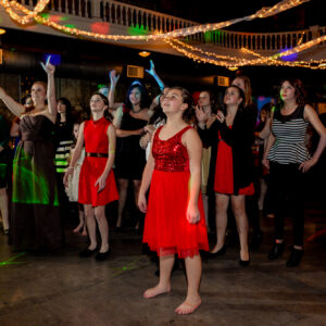 A group of people dancing at a party.