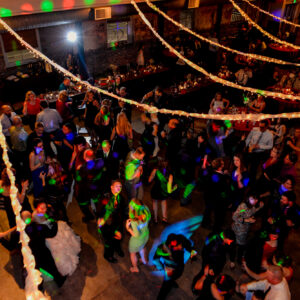 A group of people dancing at a party.