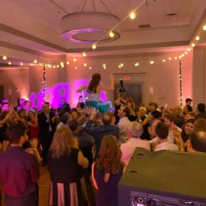 A group of people dancing at a wedding reception.
