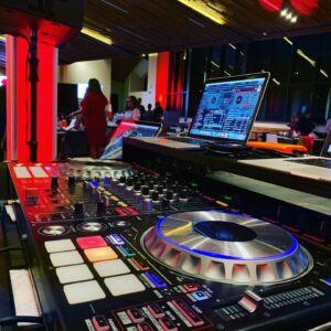 A Georgia wedding DJ set up in a room.