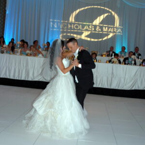 A bride and groom on a dance floor.
