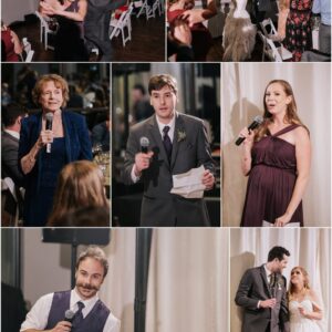 A collage of photos of a bride and groom at their wedding reception.