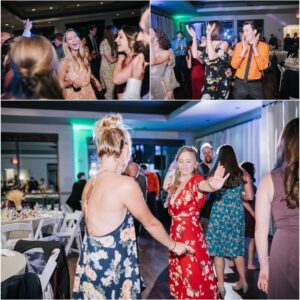 A group of people dancing at a wedding reception.