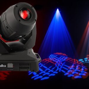 DJ equipment with a moving light featuring blue and red lights.