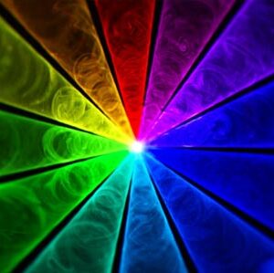 A vibrant image of a rainbow colored DJ light.