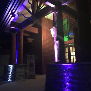 The entrance to a building is lit up with purple lights.