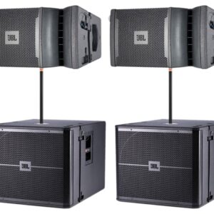 A pair of DJ Equipment speakers with a cable attached to them.