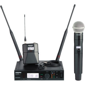 DJ equipment with a Samson wireless microphone system including two microphones.