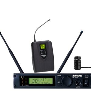 A wireless microphone equipped with a transmitter, perfect for DJs.