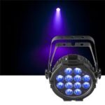 A purple LED stage light, perfect for DJs and equipped with a black background.
