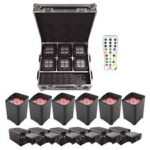Six LED lights in a DJ equipment case with remote control.