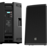 A pair of portable equipment speakers on a white background.