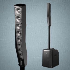 DJ equipment consisting of a pair of speakers and a stand positioned adjacent to each other.