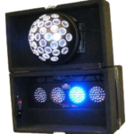 An equipment case containing a stage light with a blue light.