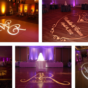 A collage of pictures of a wedding reception with a monogram on the dance floor and a DJ spinning music with professional equipment.
