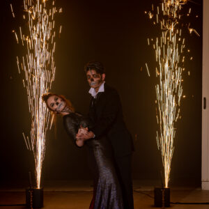 A man and woman dancing in front of sparklers at a Georgia wedding.
