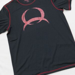 A black t-shirt with a red logo on it, perfect for a Georgia wedding DJ.