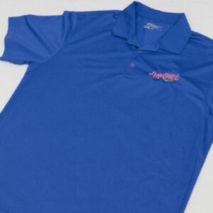 A blue polo shirt with a pink "Georgia Wedding DJ" logo on it.