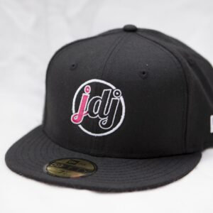 A black hat with a pink logo on it, perfect for a Georgia wedding DJ.