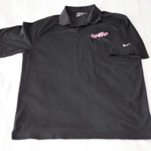 A black nike polo shirt with a red logo on it, perfect for a Georgia wedding DJ.