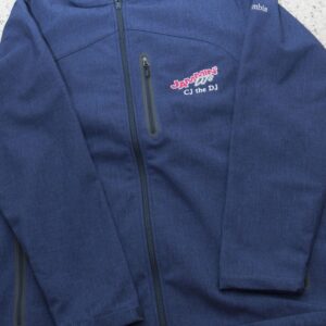 A blue jacket with a Georgia wedding DJ logo on it.