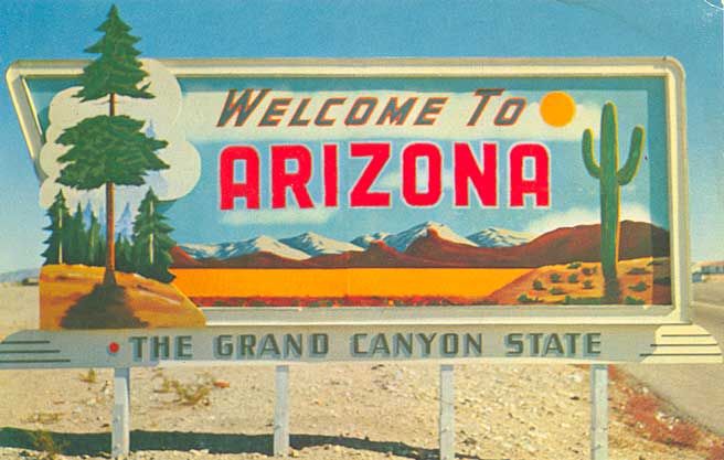Welcome to Arizona sign, featuring DJ service.