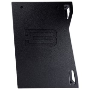 Black metal panel with an engraved logo featuring the letter "B." Ideal for DJ equipment, the panel has two elongated slots on the right side and one slot at the top left corner.