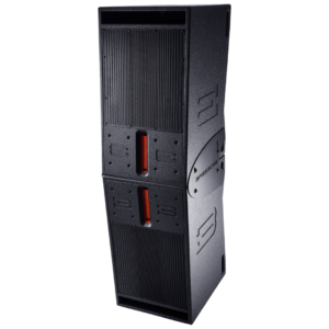 A black, tower-shaped audio speaker with dual mesh grilles and two red accents in the middle, resembling high-end DJ equipment, placed against a white background.
