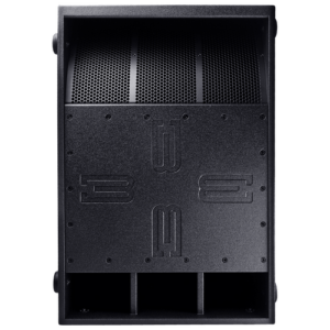 Front view of a black PA speaker with a perforated grille, rectangular in shape, designed for audio amplification, ideal for DJ equipment.