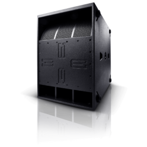 A black, box-shaped industrial machine with a perforated cylindrical component and various markings on its front, resembling high-end DJ equipment, standing on a reflective surface.