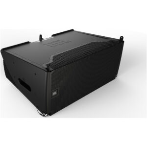 A black JBL professional audio speaker with a rectangular body and mesh front grille, designed for use in professional sound systems and DJ equipment.