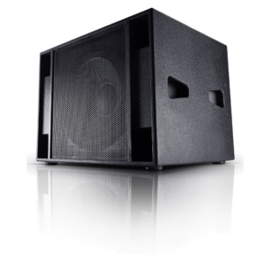Black rectangular speaker with a mesh front cover, angled slightly upward, reflecting on a glossy black surface. Perfect for any DJ equipment setup.