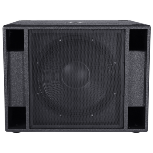 A large black subwoofer speaker with a mesh grille front, rectangular shape, and open side vents—perfect for enhancing your DJ equipment setup.