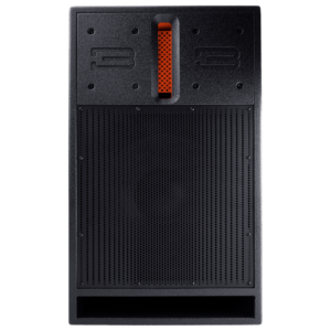 A black stand-up bass cabinet with a textured surface, rectangular perforations, and an orange handle on the front, perfect for any DJ equipment setup.