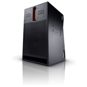 Black, tower-style computer case with ventilation holes, a front-facing vent with red LED lighting, and a sleek, modern design reminiscent of high-end DJ equipment.