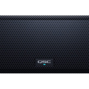 A black, rectangular QSC audio speaker with a hexagonal grille and a QSC logo in the center, perfect for any DJ equipment setup.