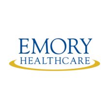 Emory Healthcare logo with blue text and a yellow curved line underneath, adding a touch of professionalism suited for corporate parties.