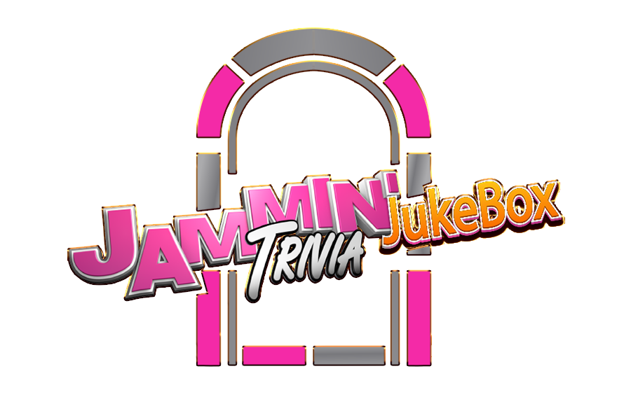 Logo with the text "Jammin' Trivia JukeBox" featuring a vibrant pink and gray jukebox design, capturing the lively spirit of live games.