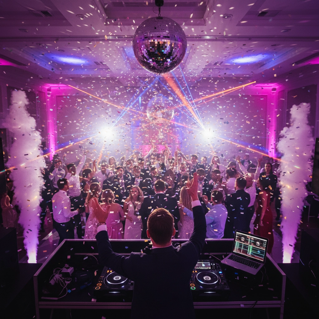 A DJ performs for a large crowd dancing under a disco ball with colorful lights, smoke effects, and confetti in a decorated indoor venue.