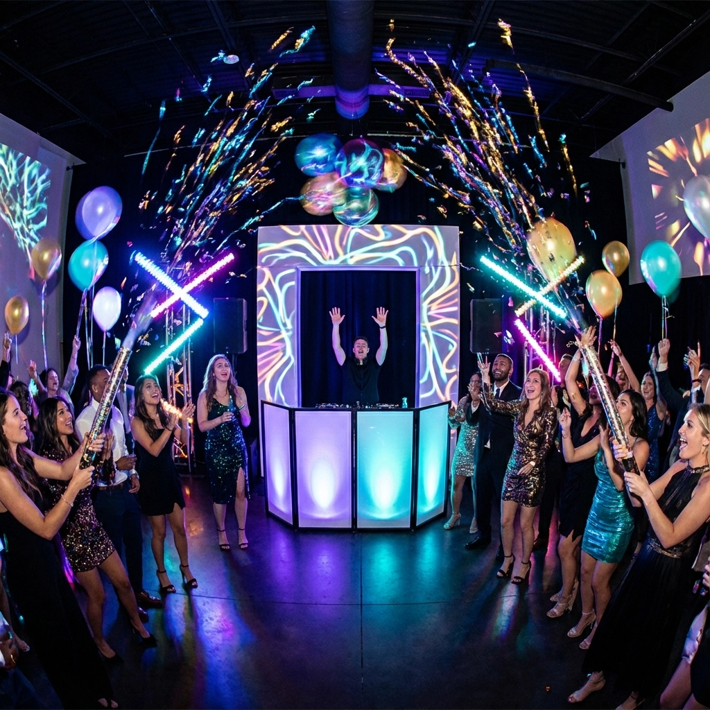 A group of people in formal attire celebrate at an indoor party with a DJ, balloons, confetti, and colorful lights.