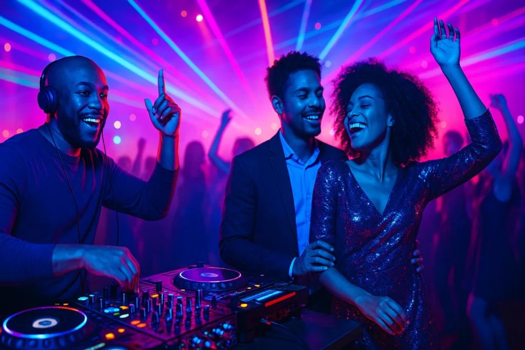 A DJ plays music as people dance and celebrate under colorful laser lights in a lively nightclub setting.