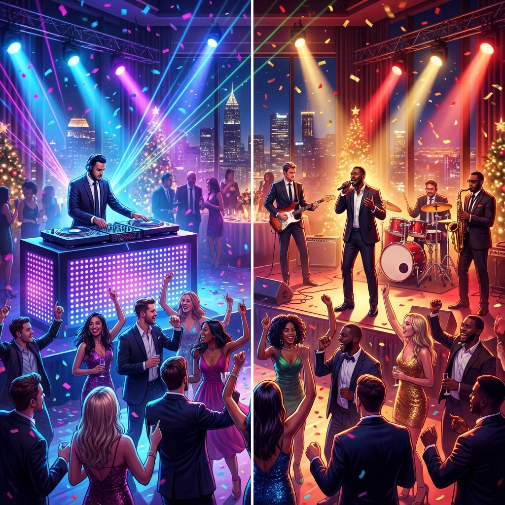 A split scene shows a DJ performing for a dancing crowd on the left and a live band playing for partygoers on the right, both in a festive indoor setting with colorful lights.