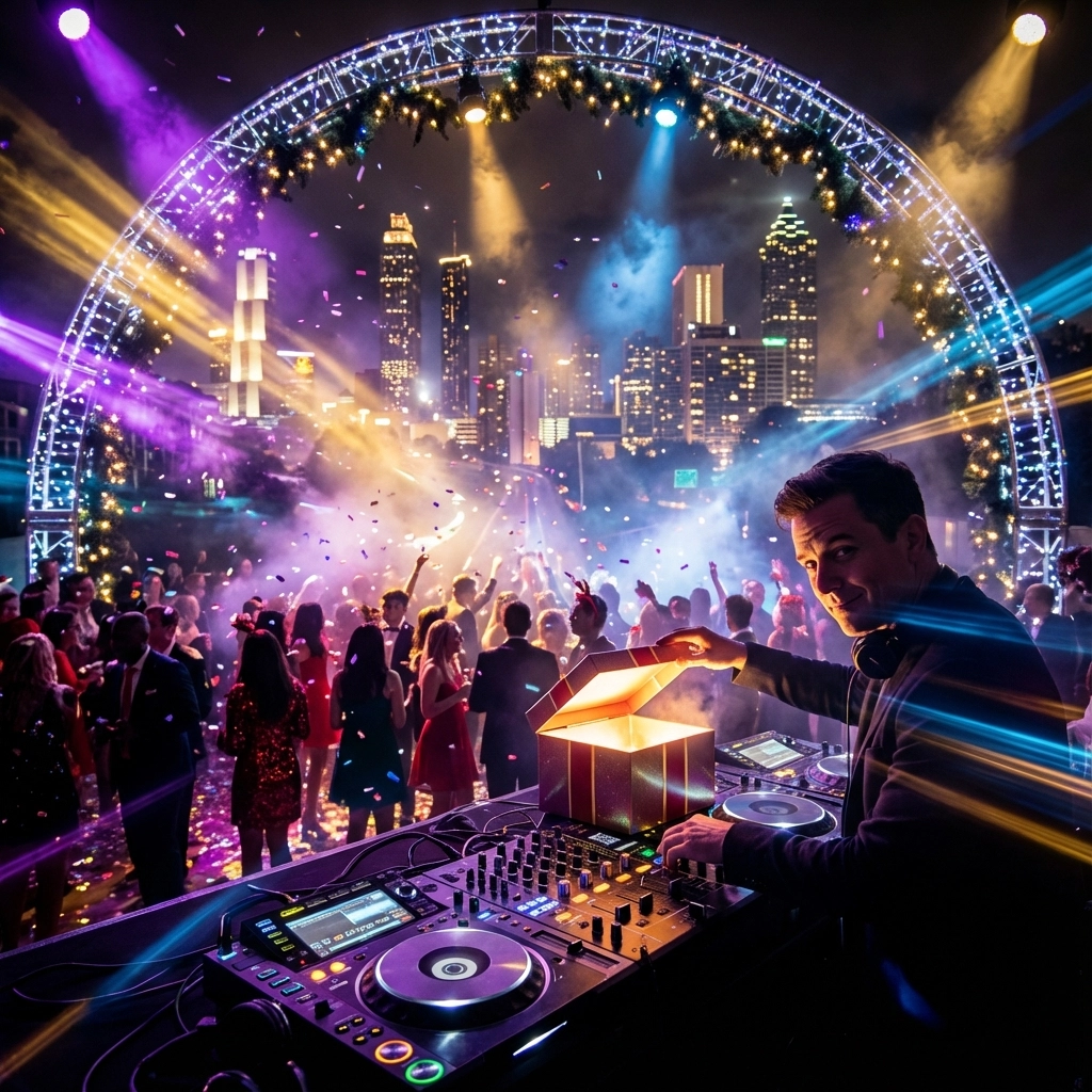 A DJ performs at an outdoor nighttime party with a crowd dancing under colorful lights and city skyscrapers in the background.