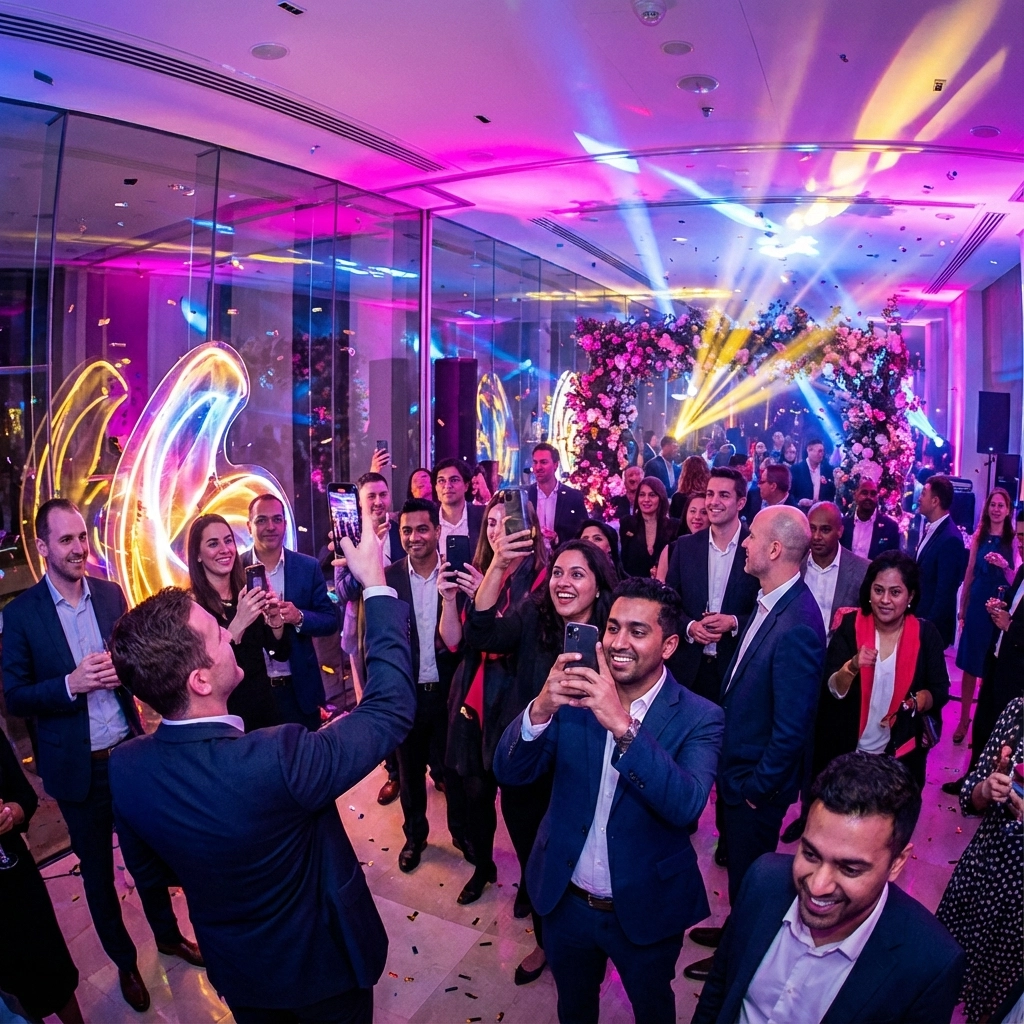 A large group of people in formal attire gather indoors at a lively event with colorful lights, floral decorations, and several guests taking photos.