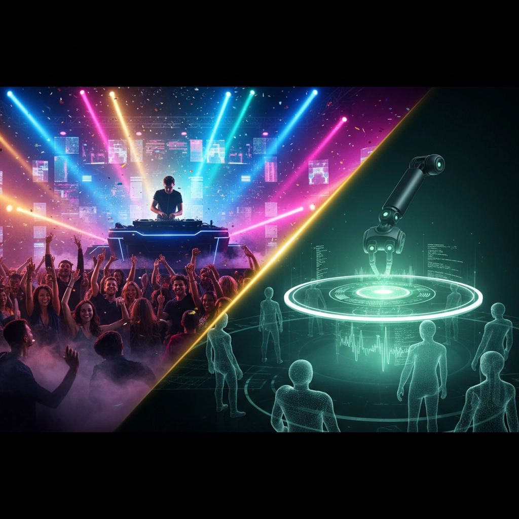 A split image showing a DJ performing for a crowd under colorful lights on one side, and a robotic arm interacting with virtual human figures in a digital environment on the other.