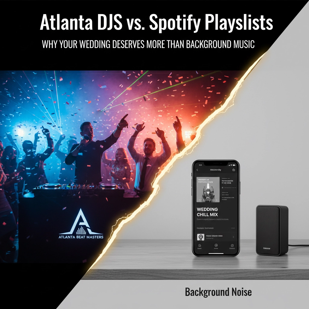 Split image showing a lively DJ-led wedding party on the left and a quiet Spotify playlist playing on a speaker on the right, highlighting the difference in atmosphere.