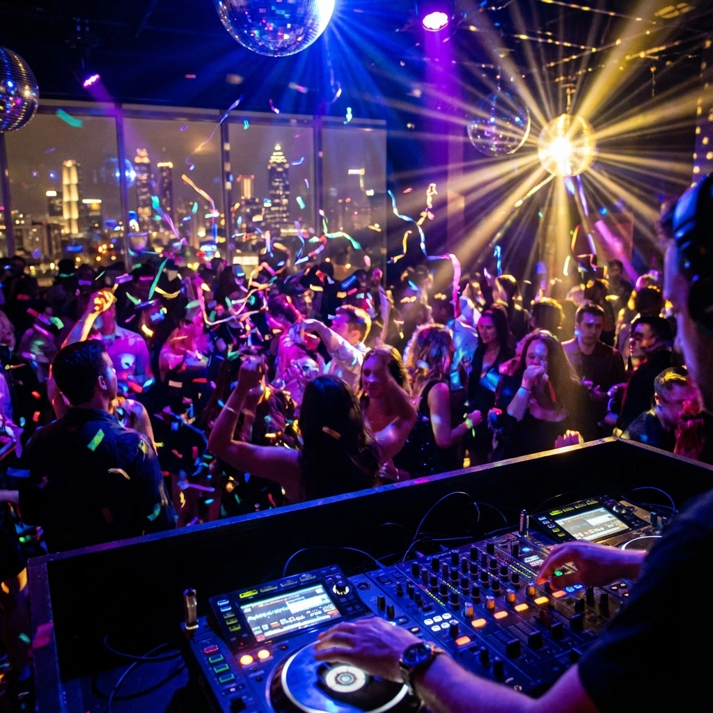 A DJ plays music at a nightclub as people dance under disco balls and colorful lights, with a city skyline visible through large windows in the background.