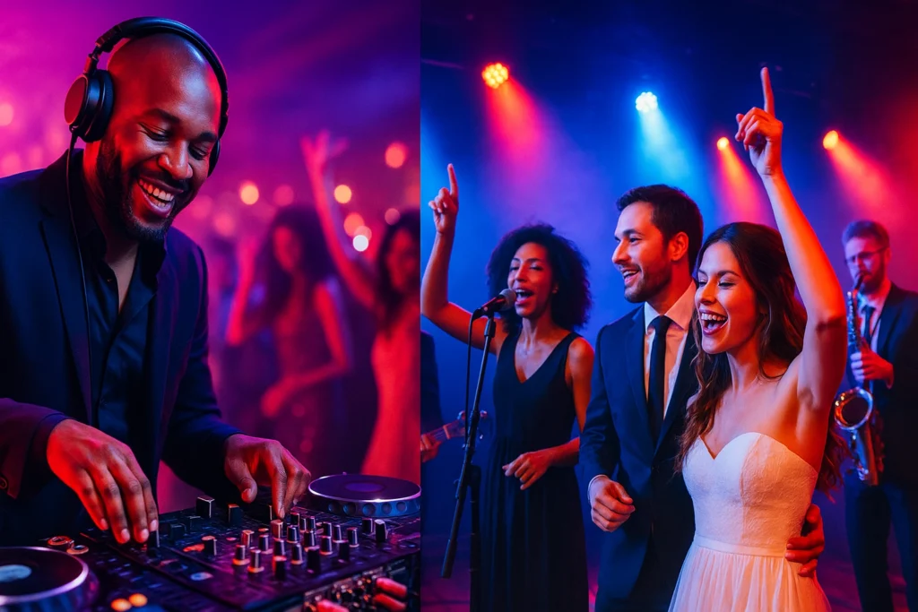 A DJ mixes music at a lively party while people dressed formally sing and dance under colorful stage lights.