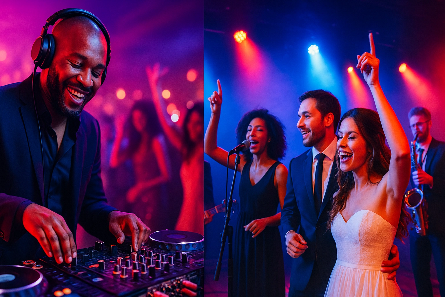 A DJ mixes music at a lively party while people dressed formally sing and dance under colorful stage lights.