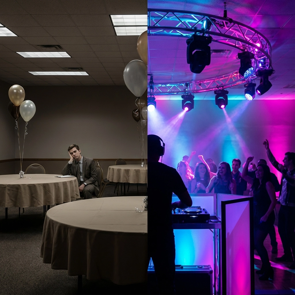 A split image showing an empty, dimly lit room with a solitary man on the left and a crowded, colorful DJ dance party on the right.